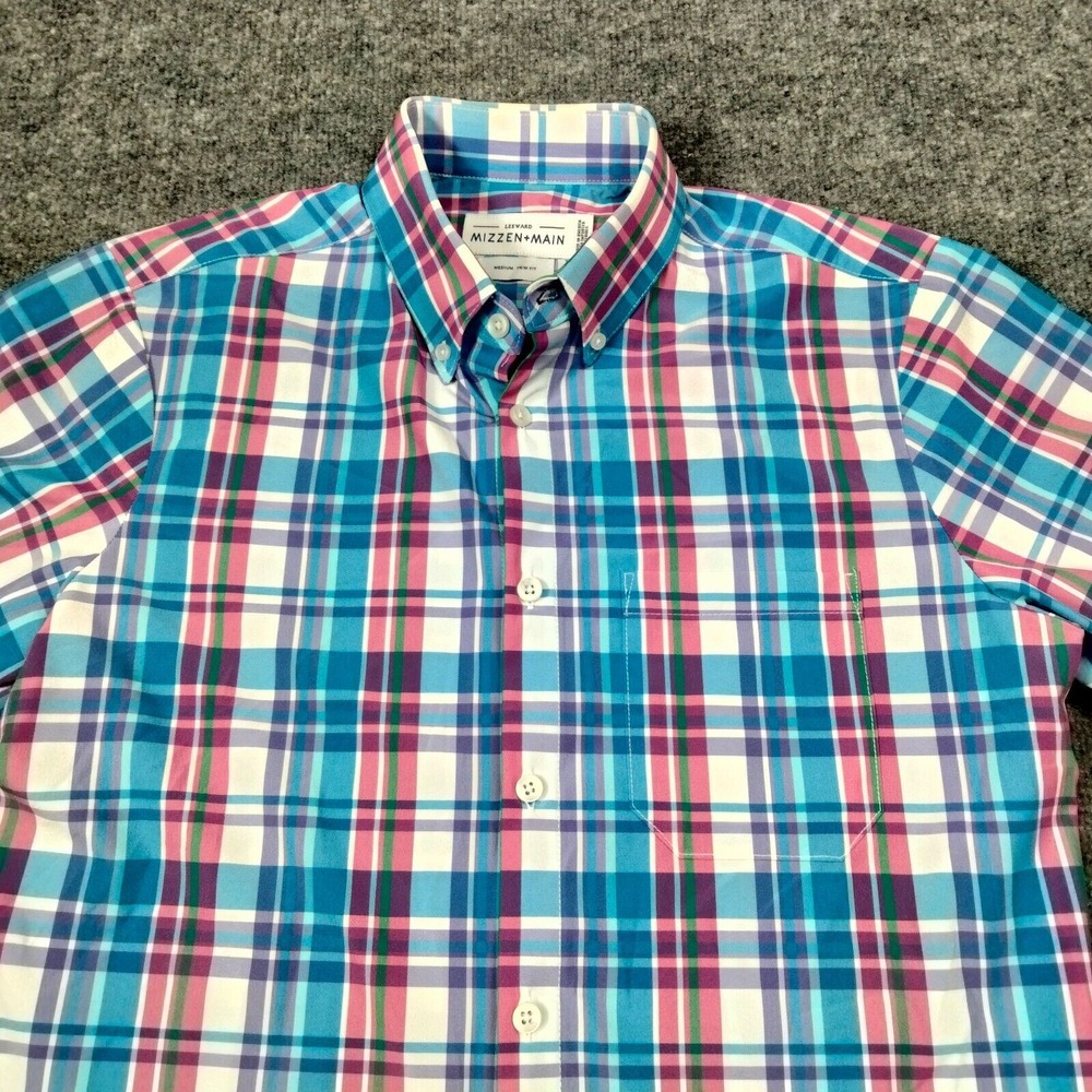 Mizzen Main Shirt Mens L Blue Plaid Leeward Trim Fit Performance Short Sleeve